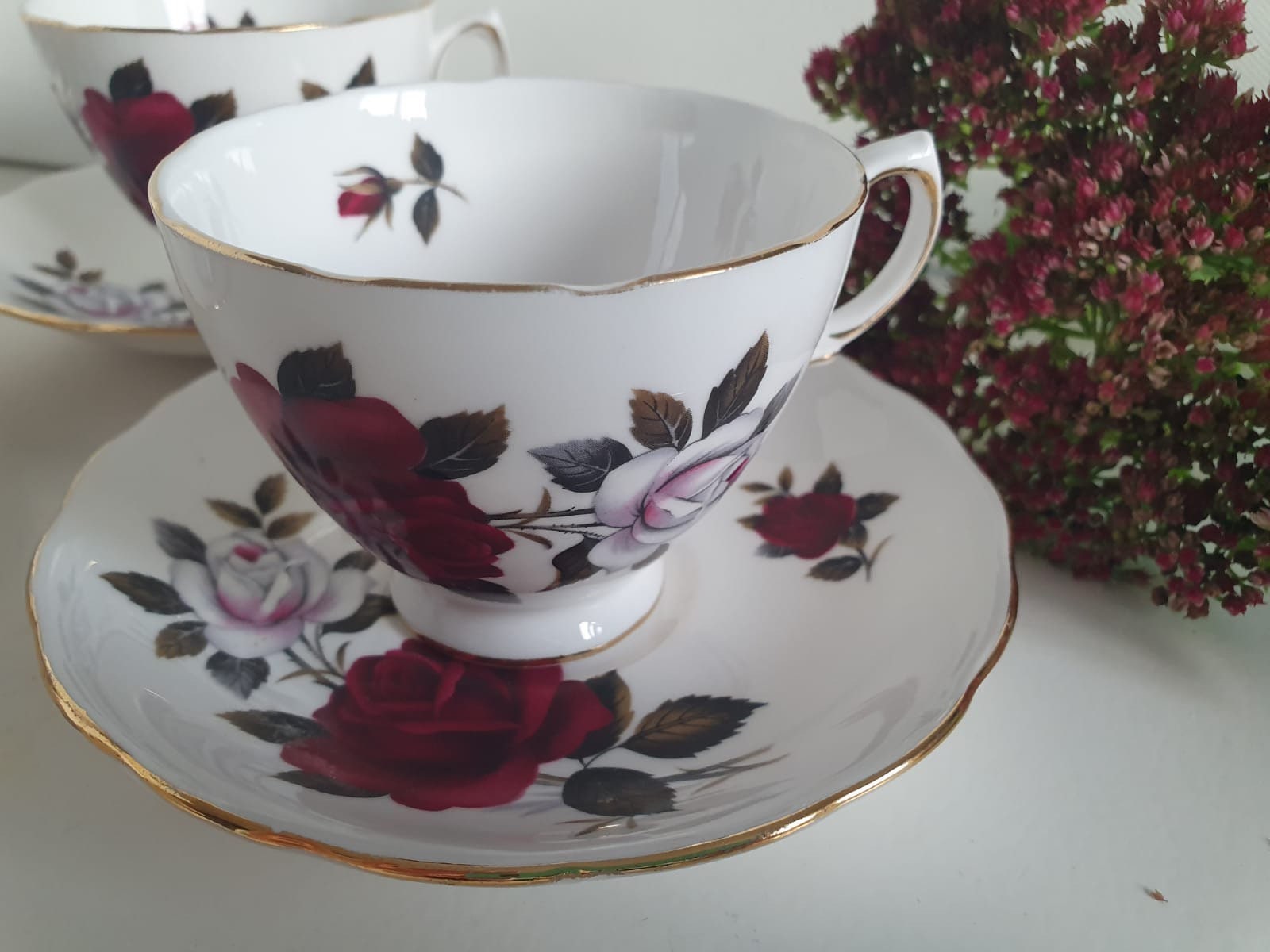 Vintage Colclough Red Amaretto Rose Bone China Trio Set - Tea Cup ...
