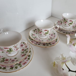 Vintage Queen Anne Bone China Rosa Blumen Trio von Shore & Coggins, 3er Set, Teetasse, Unterteller, Teller