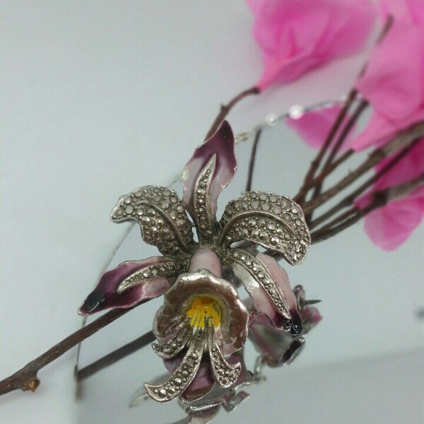 Vintage Enamel and Marcasite Orchid Flower Brooch Pin