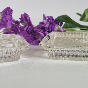 May include: Two clear, rectangular glass dishes with a decorative pattern, likely for serving condiments or small items. The dishes are set against a backdrop of vibrant purple flowers and green foliage, creating a visually appealing arrangement.