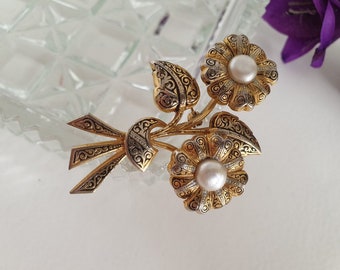 Vintage Damascene Style Pearl Flower, Floral Spray, Brooch, Pin,