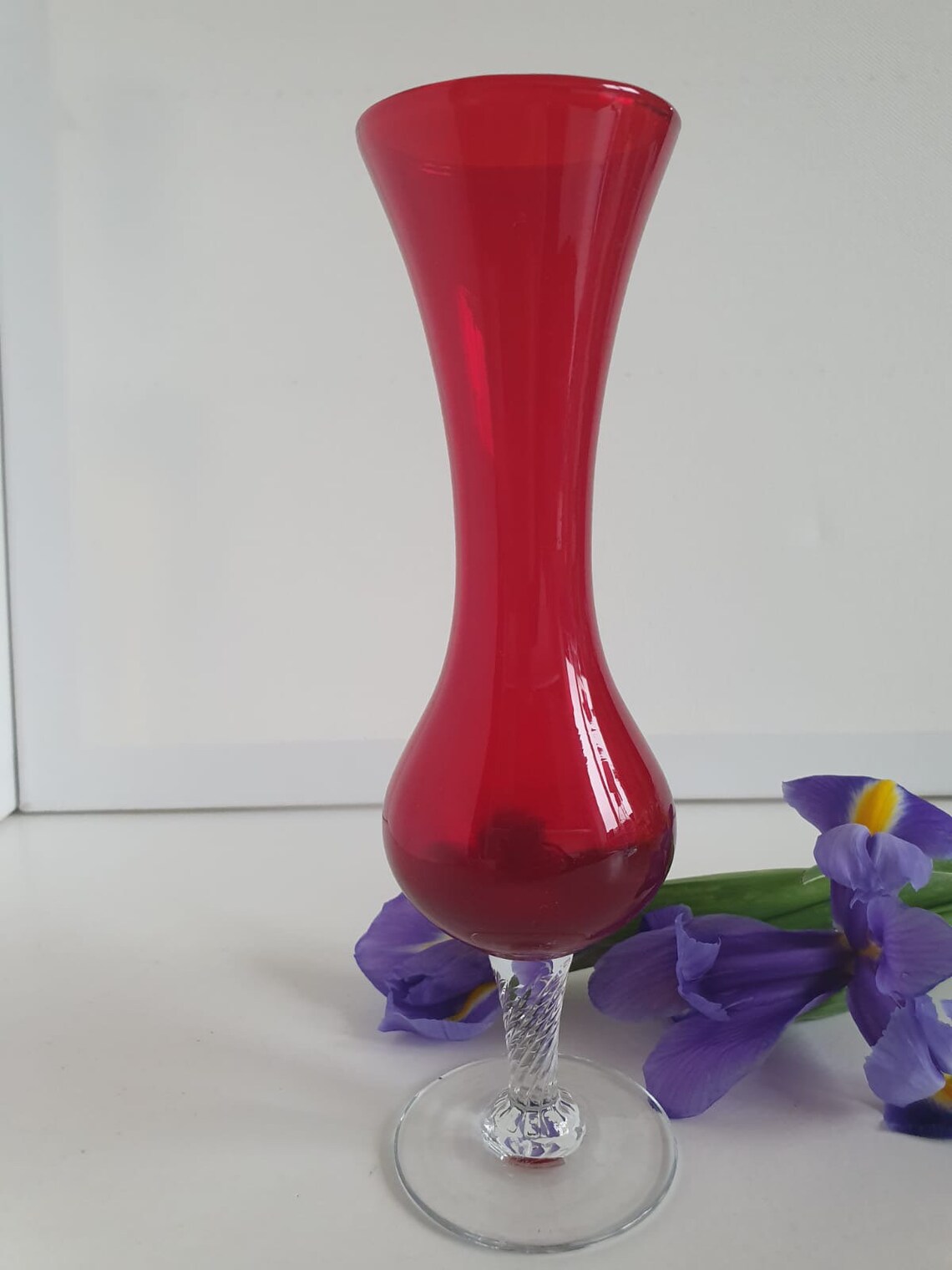 Vintage Retro Red Glass Bud Vase With Clear Footed Base Etsy