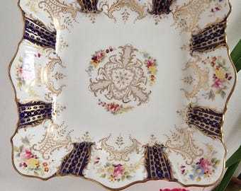 Antique Wedgewood Blue And Gold Serving Dish With Floral Centre & Edge