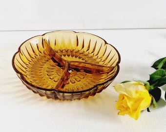 Vintage Amber Pressed Glass Divided Oval Serving Dish, Relish Dish