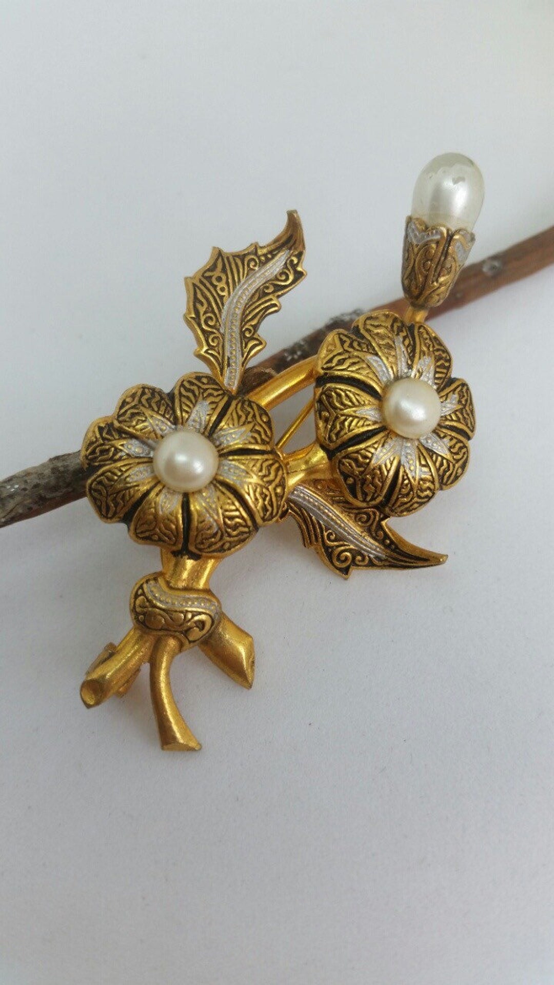 Vintage Damascene Style Pearl Flower, Floral Spray, Brooch Vintage Damascene Style Pearl Flower, Floral Spray, Brooch