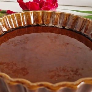 May include: A brown ceramic pie dish with a fluted edge. The dish has a glossy finish and is filled with a dark liquid. A red flower and green leaves are in the background.