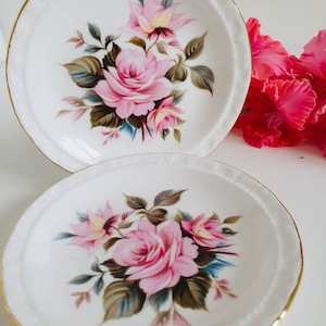 Vintage Royal Albert Pink Roses Trinket, Butter Dish, Pin Dish Duo