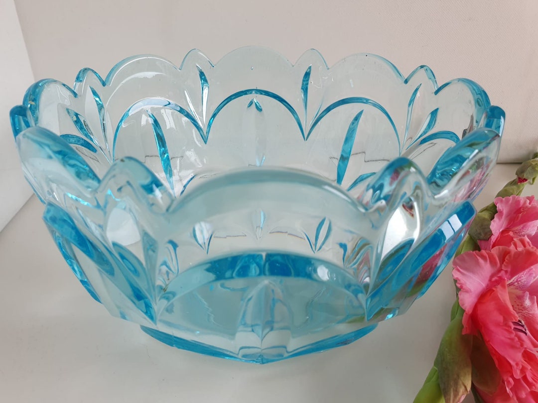 Vintage Heavy Cut Aqua Blue Glass Fruit, Trifle Bowl, Mid Century