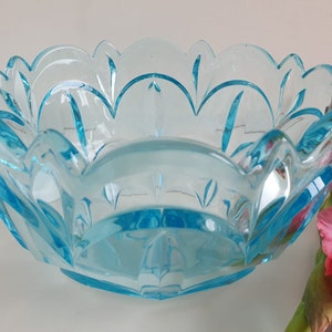 Vintage Heavy Cut Glass Aqua Blue Fruit, Trifle Bowl, Mid Century Pressed Glass, Depression Glass