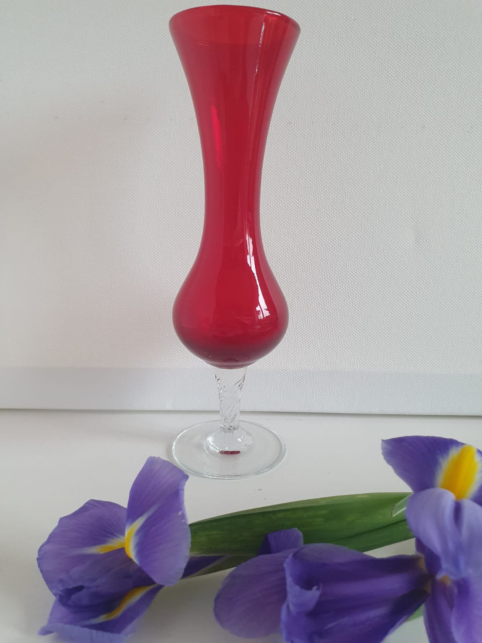 Vintage Retro Red Glass Bud Vase With Clear Footed Base Etsy