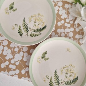 May include: Two white ceramic bowls with a green rim. The bowls feature a floral design with green ferns and white flowers.