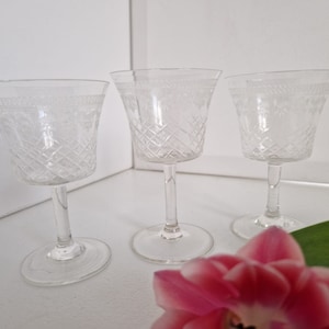 Vintage Set of 3 Edwardian Acid Etched Lead Cut Sherry, Liqueur, Aperitif Glassware