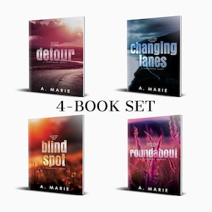 May include: A set of four paperback books with colorful covers featuring a sunset, a road, and grass. The titles of the books are "Detour", "Changing Lanes", "Blind Spot", and "Roundabout". All books are by the same author, A. Marie.