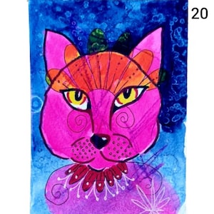 Impression d'art de chat Art étranger Art simple Cadeau pour les amoureux des chats Art primitif Art naïf Chat rose Dessin de chat Conception de chat unique Impression de cartes aceo