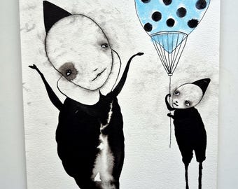 May include: Watercolor illustration of two figures with elongated limbs and heads. One figure, in black, has arms raised. The other, also black, holds a blue balloon with black polka dots. The artwork is on white paper.