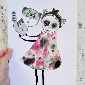Ragazza con gatto Arte originale Arte unica Collage artistico Disegno originale Arte astratta Regalo per gli amanti dei gatti Arte popolare Arte primitiva Arte strana