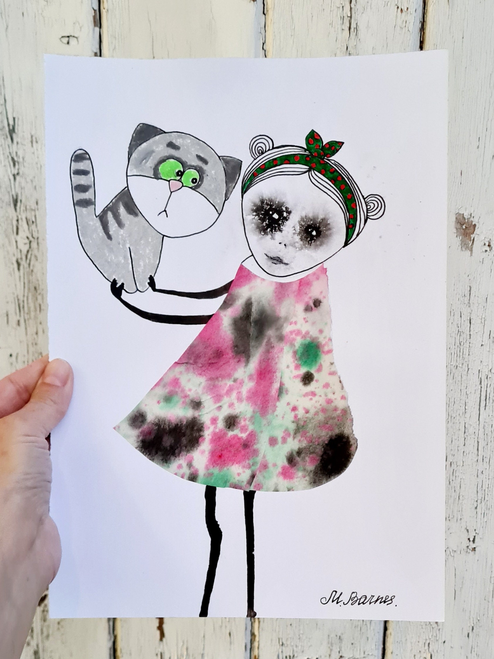 猫と少女のアート：オリジナルインクコラージュ、A4サイズ（フレーム