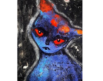 Abstract Cat Acrylic Painting: Original Weird Art, A4 Print