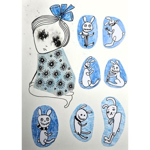 Arte originale Brut Arte outsider Arte primitiva Naive Disegno strano Fugure astratte Immagine di coniglio bianco Regalo per collezionisti di conigli Arte rara