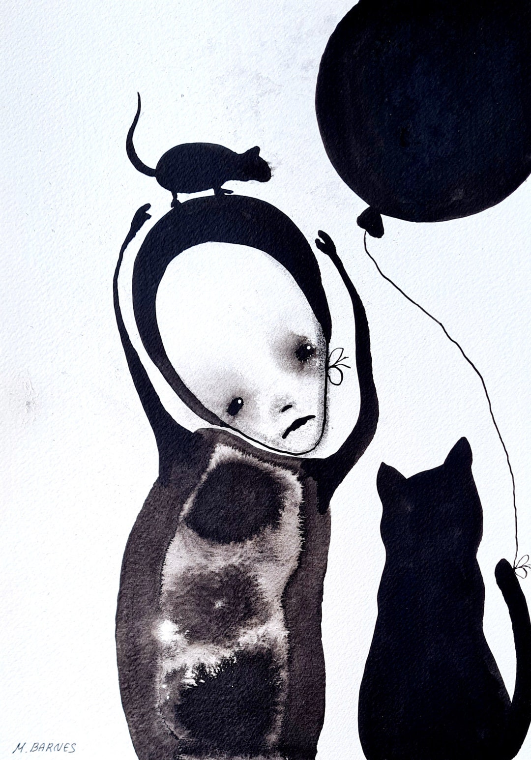 ダークアートプリント：不気味な抽象的人物、ネズミと猫のインク