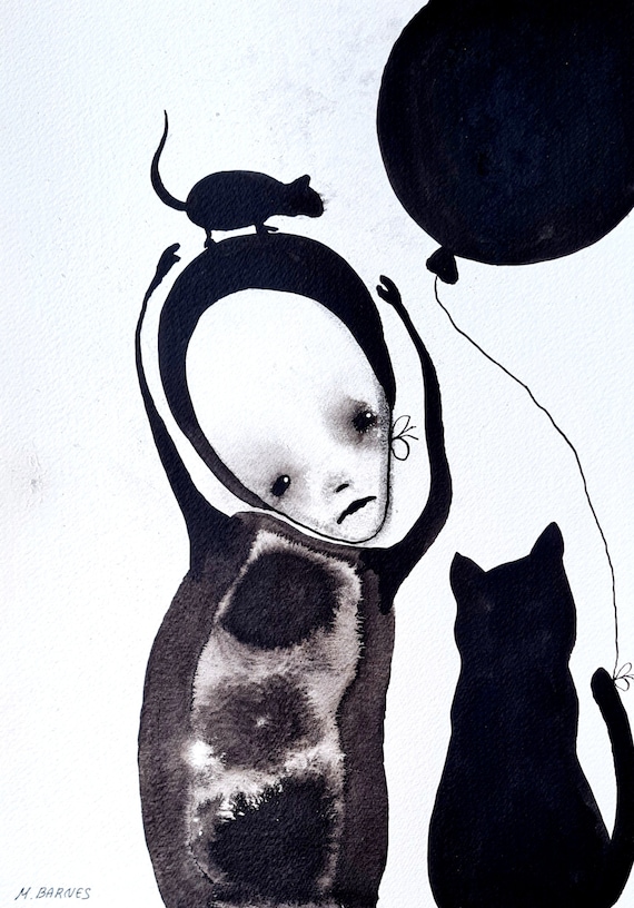 ダークアートプリント：不気味な抽象的人物、ネズミと猫のインク