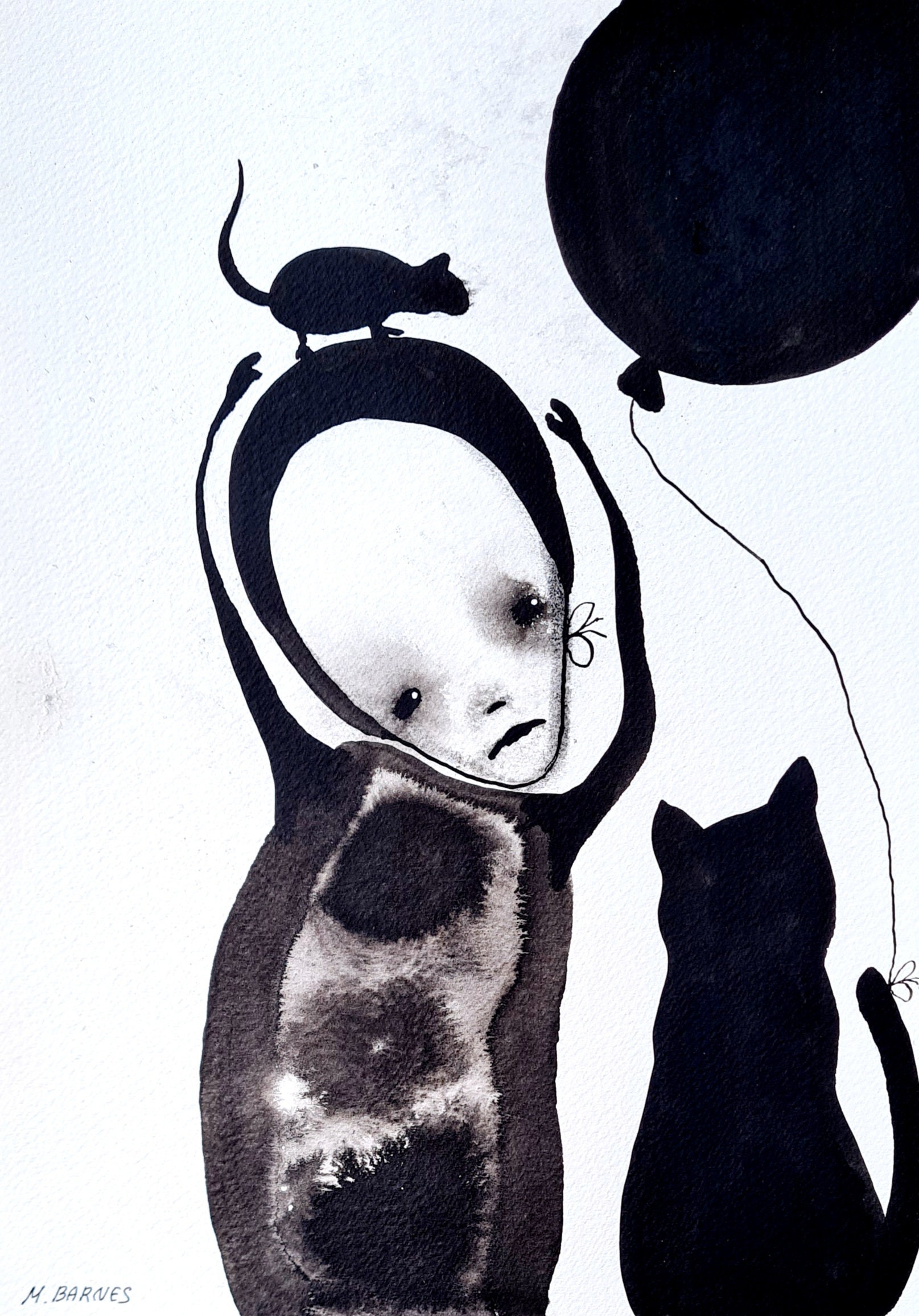 ダークアートプリント：不気味な抽象的人物、ネズミと猫のインク