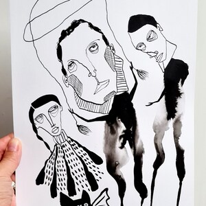 Three wizards and a bat,  Original art,  One of a kind art,  Abstract art , Abstract figures,  Abstract faces , Gothic art, Black and white