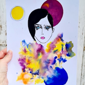 Ragazza - Aurora Boreale Arte originale Arte astratta Ritratto astratto Volto astratto Colori vivaci Inchiostro su carta Bella immagine Immagine A 4