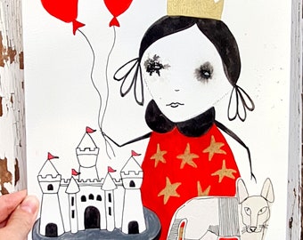 Castle for Princess Original art Abstract art Gift for girl Red and gold Abstract cat Weird art Surreal art Outsider art Cute picture Decor