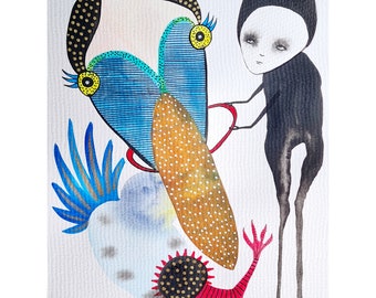 May include: A watercolor painting of a black figure with a white face and large eyes, standing next to a colorful abstract creature with blue, yellow, and orange accents. The creature has a long, thin body and a large, round head. The background is white.