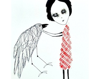 May include: A black and white line drawing of a girl with long black hair wearing a red and white striped dress. She is holding a black and white line drawing of a bird with its beak open.