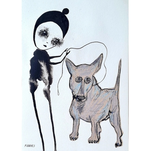 風変わりな犬のアート：抽象的な素朴派絵画、サイン入りオリジナル