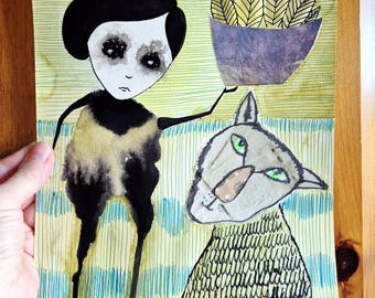 One of a kind art Picture 9x12 Wall decor Primitive animals Drawings Unique design Marina Barnes Outsider art