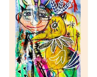 May include: A colorful abstract painting featuring a yellow bird with a black eye and a blue tail, and a human face with black and white dots. The background is a mix of blue, green, pink, and yellow.