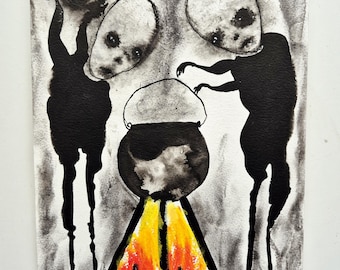 Arte oscuro Arte gótico Imagen espeluznante Arte original de Marina Barnes Arte extraño Decoración de pared única Dibujo a tinta sobre papel de acuarela A 4