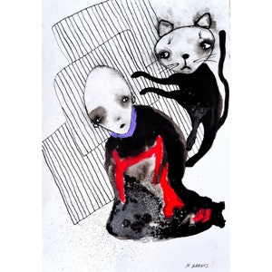 Cat masseuse, Original drawing, Weird art, Outsider art, Abstract art,  Abstract figures, Dark art , Cat art, Weird art, Illustration, Odd