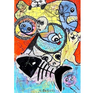 Original art Print Outsider art Crazy art Abstract Figurative  Naive Mixed media Artwork Whimsical funny cat Art Brut Rare Animals Picture