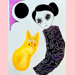 Original art Outsider art Cat  Collage Gift idea Whimsical art Funny cat Mixed media Picture Weird art Drawing Quirky Odd Primitive art Row