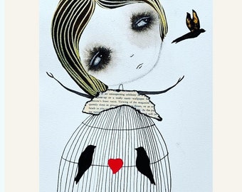 May include: A black and white illustration of a girl with a birdcage. The girl has long black hair and is wearing a red heart. The birdcage has two birds inside and is decorated with a piece of paper with text.