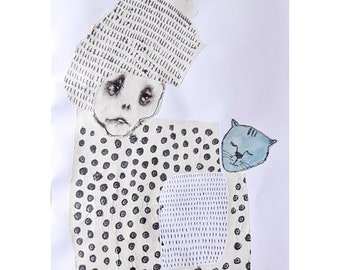 May include: A black and white illustration of a person with a sad expression wearing a patterned hat and a polka dot shirt. A blue cat is sitting next to the person. The image is signed "M. BARVES".