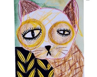 Whimsical Cat Art Print: Funny Primitive Naive Art