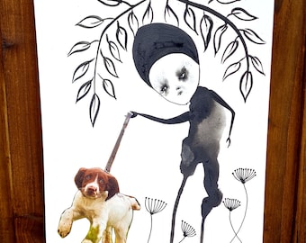 Original Ink & Collage Art: Abstract Figure with Dog, 9x12"