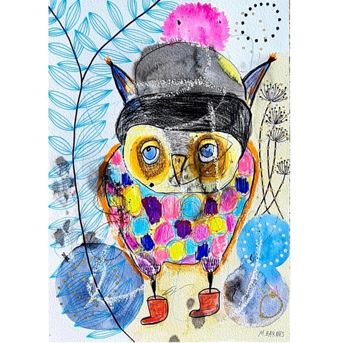 Original Whimsical Owl Art: Naive Art Mixed Media Painting
