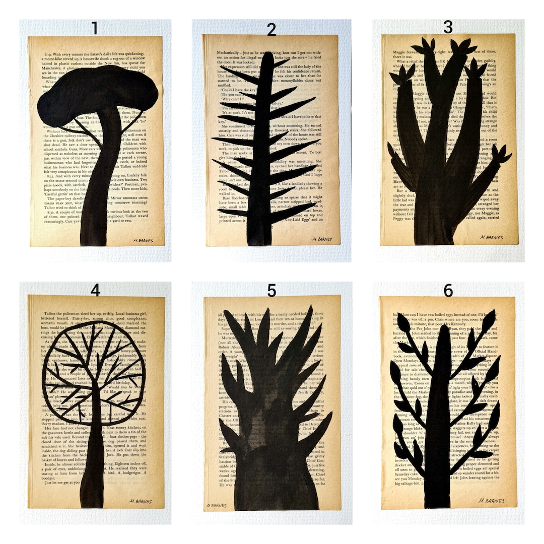 Abstract Tree Art: Ink Drawing on Vintage Book Page - Etsy