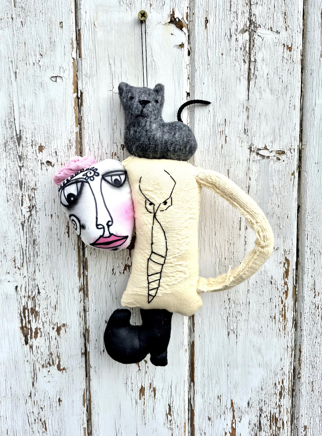 Handmade Textile Art Doll: Abstract Woman, Cat Witch, Unique Design - Etsy