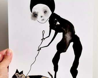 May include: Black and white ink drawing of a person with a large head and long legs walking a cat on a string. The cat is brown and black and has a simple, cartoon-like design.