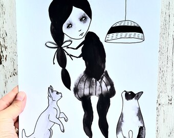 Curious Cats Ink Drawing: Unique Folk Art, Signed A4 Print