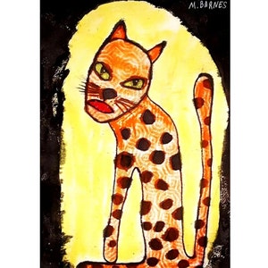 Original art Print Outsider art Abstract figures Figurative art Whimsical funny cat Gift for cat lovers Leopard Art Brut Rare Animal Quirky