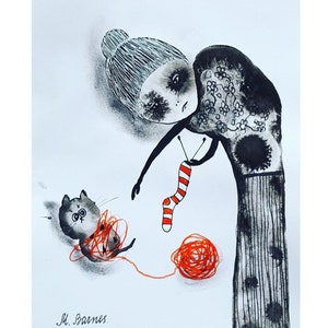 Grillige kat-kunstprint: naïeve figuratieve illustratie