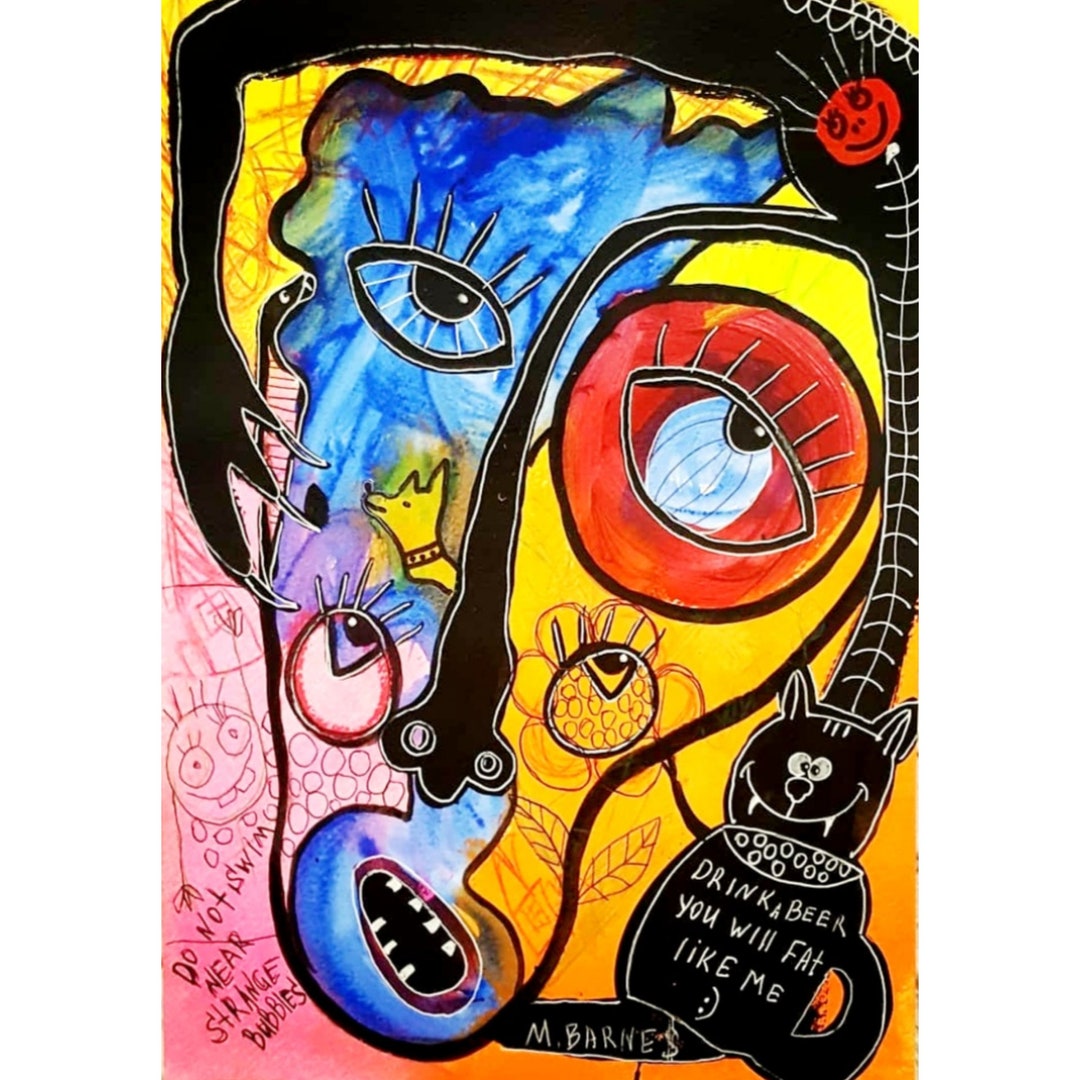 Original Abstract Face Art: Quirky Outsider Painting, A4 Print - Etsy